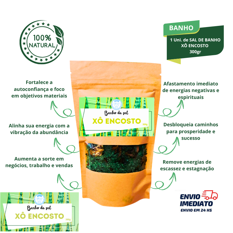 Banho de Sal Grosso Xô Encosto 300g Descarrego Forte Limpeza Espiritual Completa Proteção Contra Inveja e Mau-Olhado