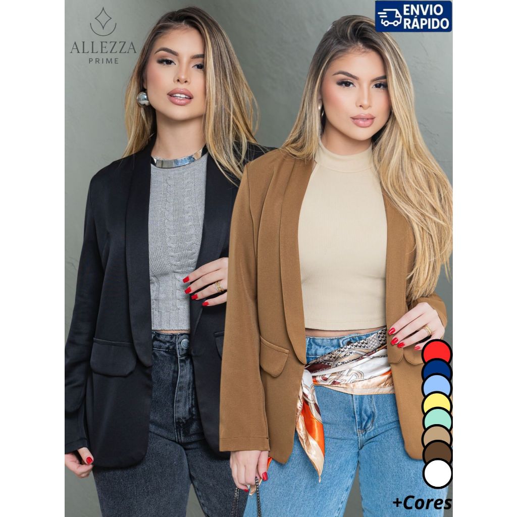 Kit 2 Blazer Feminino Alfaiataria Max Luxo Casual Básico Social Sport Elegante Tendência Slim Acinturado Lançamento