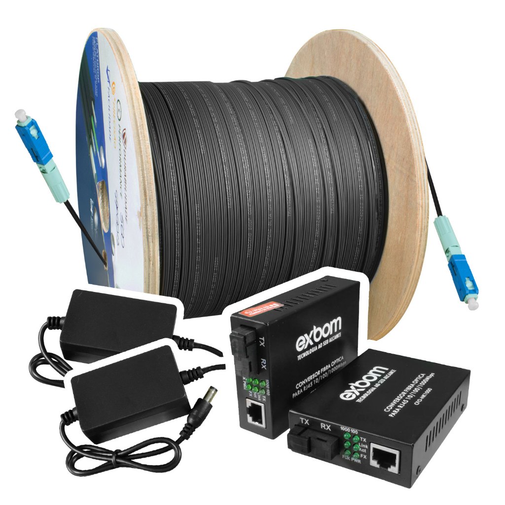 Kit Conversor de Mídia SC para RJ45 Fibra Óptica para Cabo de Rede + 600 Metros de Cabo Óptico Mini Drop Flat 01FO
