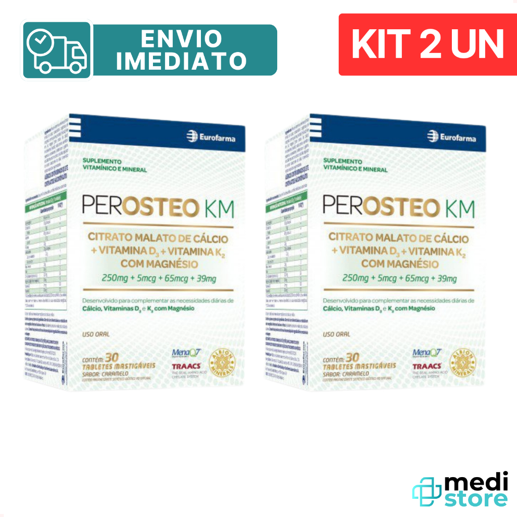 Kit com 2 - Perosteo KM Suplemento Calcio+ Vitamina D + Vitamina K2 + Magnésio - Envio Imediato