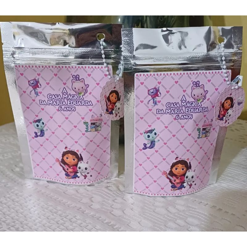 Saquinhos Personalizados Metalizado ZipLock-Lembrancinhas Personalizadas Infantil Casa Magica de Gabby Saquinho Surpresa
