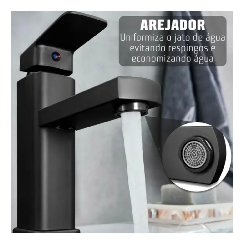 Torneira Preta Moderna Monocomando PRETO FOSCO – Aço Inox, Bica Baixa, Quente e Fria p/ Lavabo Banheiro