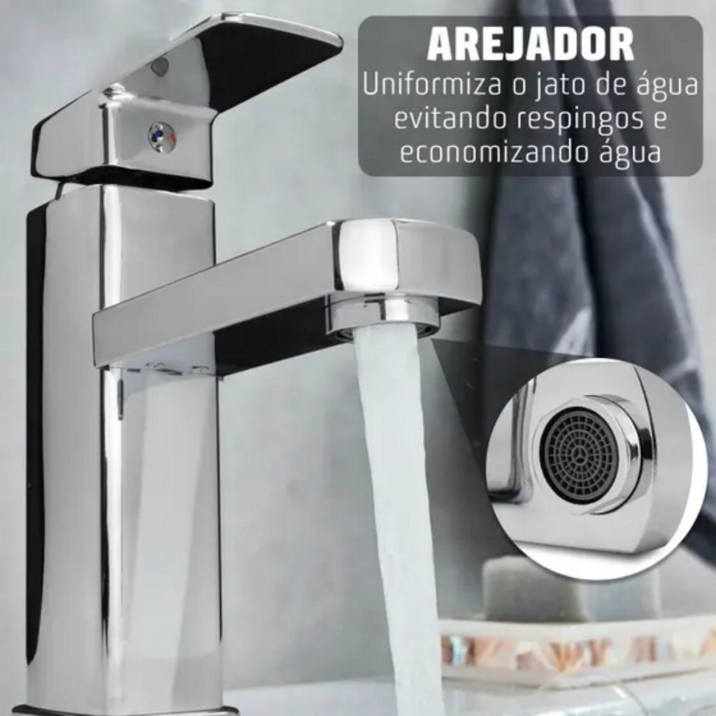 Torneira Misturador Monocomando Prata Bica Baixa Banheiro Lavabo Aço Inox Água Quente e Fria Moderna