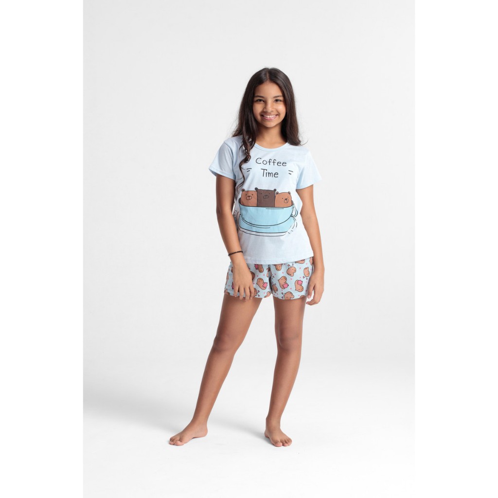 Pijama Juvenil Feminino Camiseta E Shorts 100% Algodão em Oferta na Shopee
