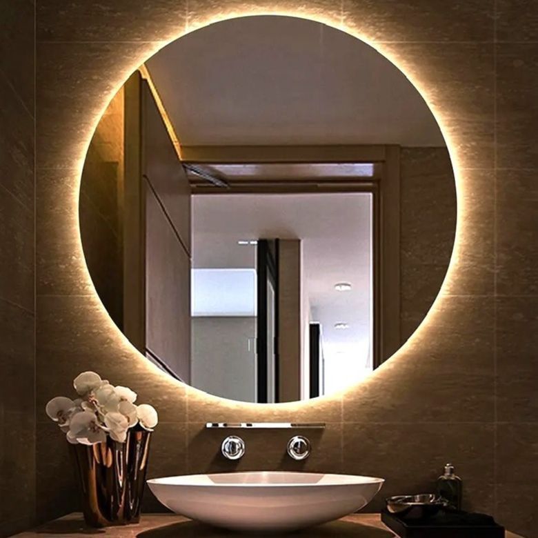 Espelho Redondo LED Lapidado Decorativo Banheiro Quarto Sala Luz Quente e Fria Vários Tamanhos