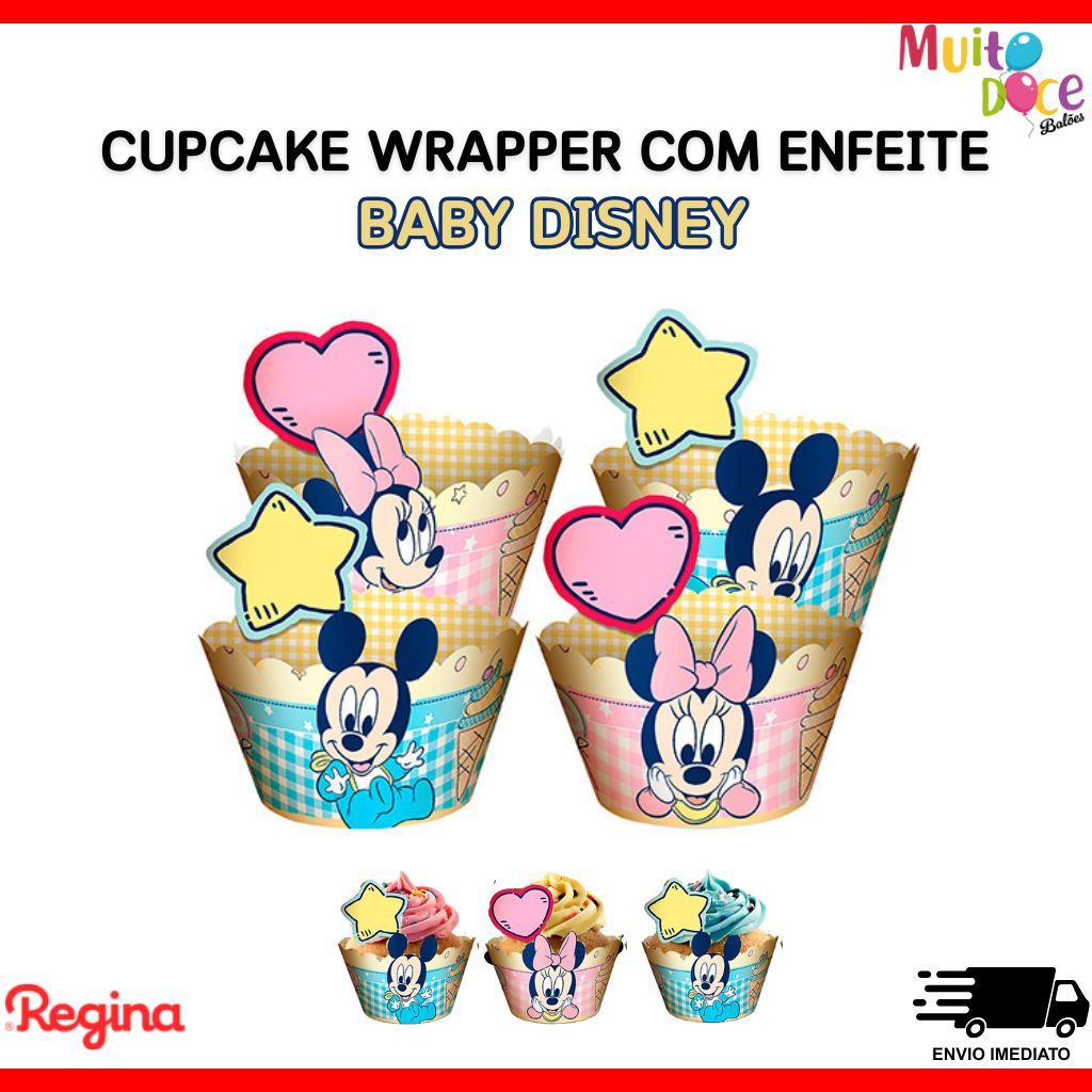 Cupcake Wrapper Baby Disney Minnie Mickey Com Enfeites 12 Unidades - Saia/Porta Cupcake Mesversário