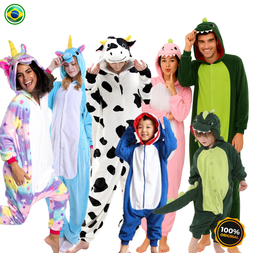 Macacão Pijama Kigurumi Cosplay Unicórnio Vários Personagens Unissex Dinossauro Tubarão Vaquinha