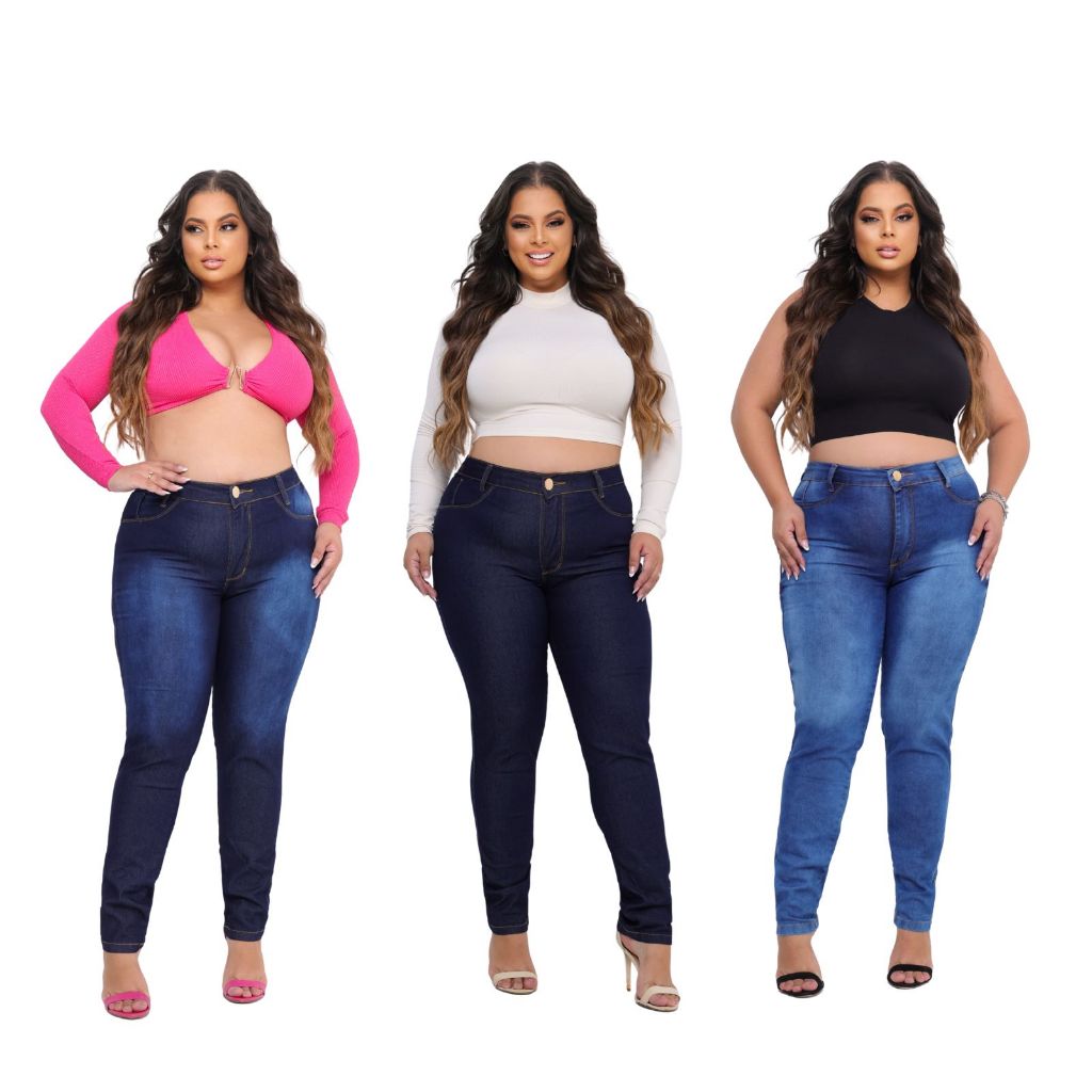 KIT 3 Calça Jeans Feminina Plus Size Cintura Alta Com Lycra  Elastano Premium efeito Empina Bumbum Promoção em Oferta na Shopee
