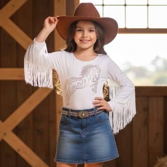 Body Infantil Manga Longa De Franja Suplex Strass Brilho Pedraria Country Boiadeira Rodeio Cavalos Diversas Cores