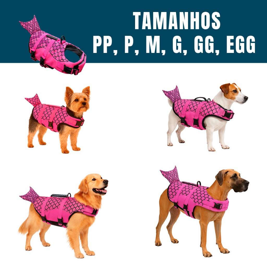 Colete Salva Vidas Pet Sereia Flutuante Cães Cachorro Praia Piscina Água Mar. Escolha seu Tamanho!