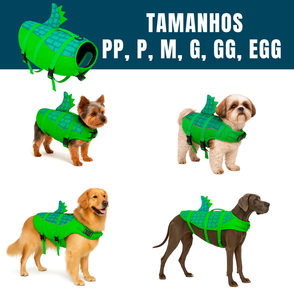Colete Salva Vidas Pet Dinossauro Flutuante Cão Cachorro Praia Piscina Água Pequeno Médio Grande GG
