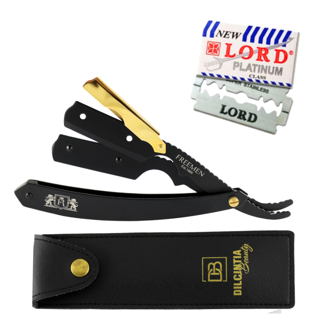 Navalhete Navalha De Barbear Profissional Preto Clip Dourado Aço Inox + 10 Lâminas Grátis