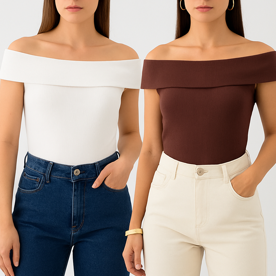 Kit 2 Blusas Ciganinha Ombro a Ombro Feminina Ribana Canelada Elegante Tendência Verão