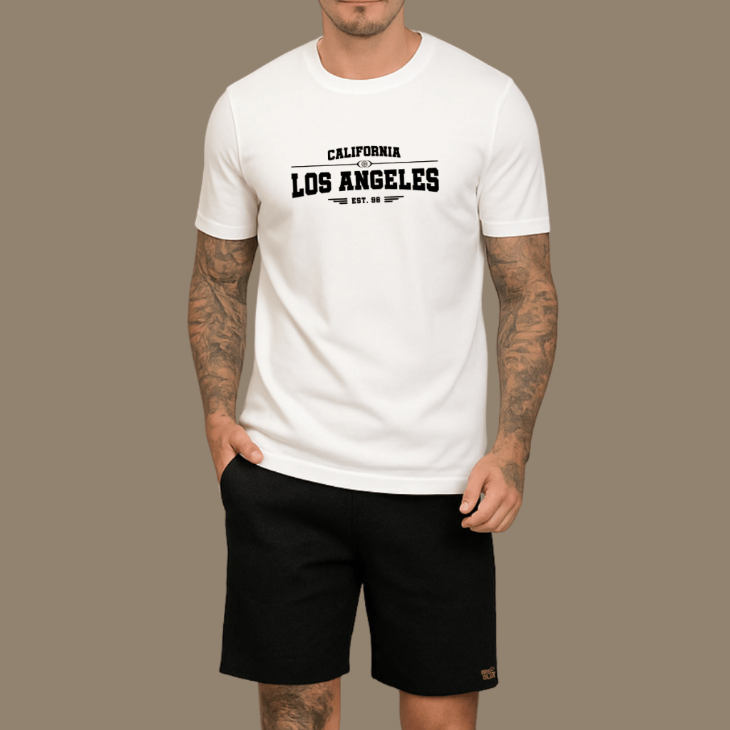 Kit Camiseta Estampada E Bermuda Linho Tendência Conjunto Masculino Casual Estampa Los Angeles