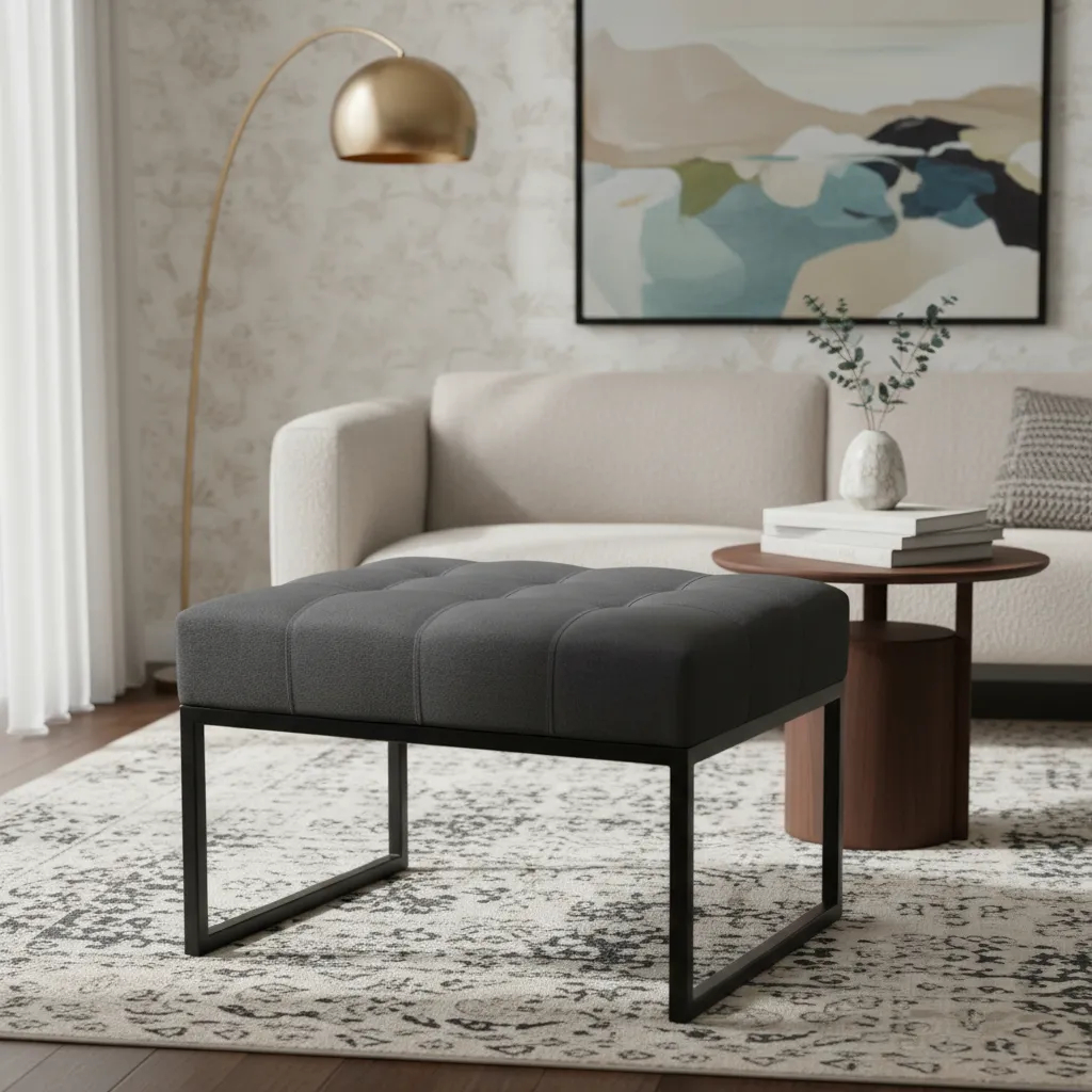 Puff Estofado com Base de Ferro – Puff Retangular Decorativo e Sofisticado para Sala