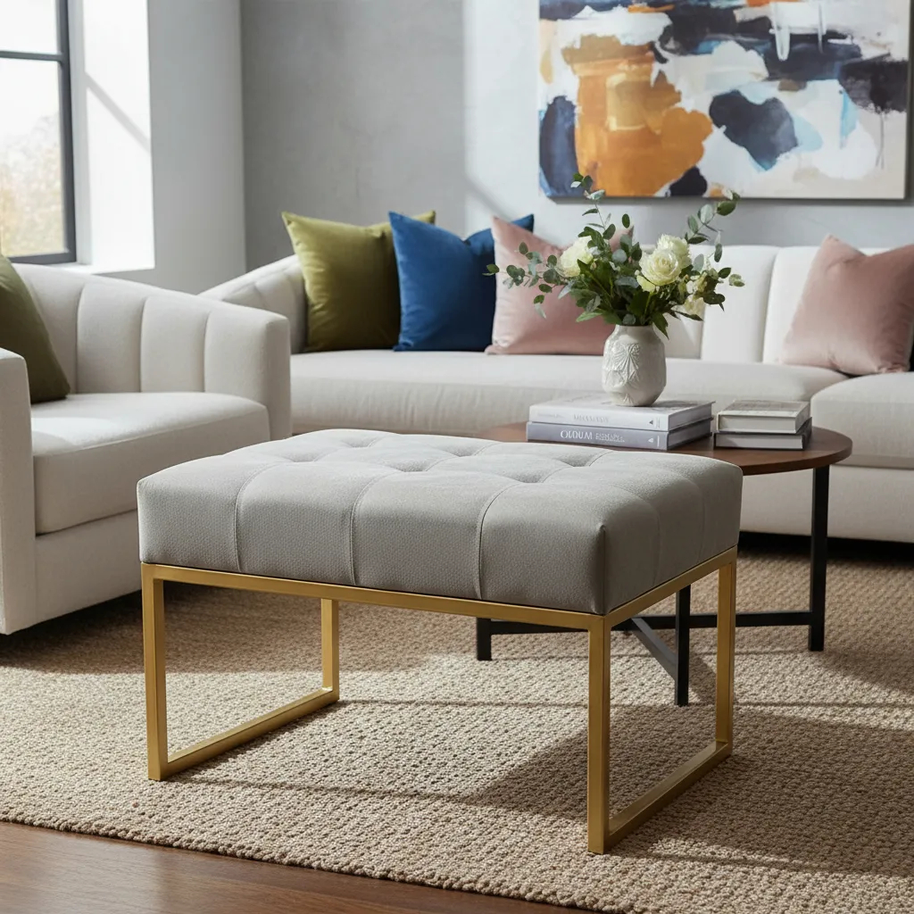 Puff Estofado com Base de Ferro – Puff Retangular Decorativo e Sofisticado para Sala