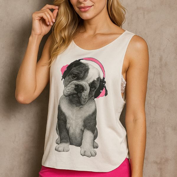 Regata Cavada Feminina Tecido Confortável Estampa Cachorro Fofo Blusa Estilosa Casual