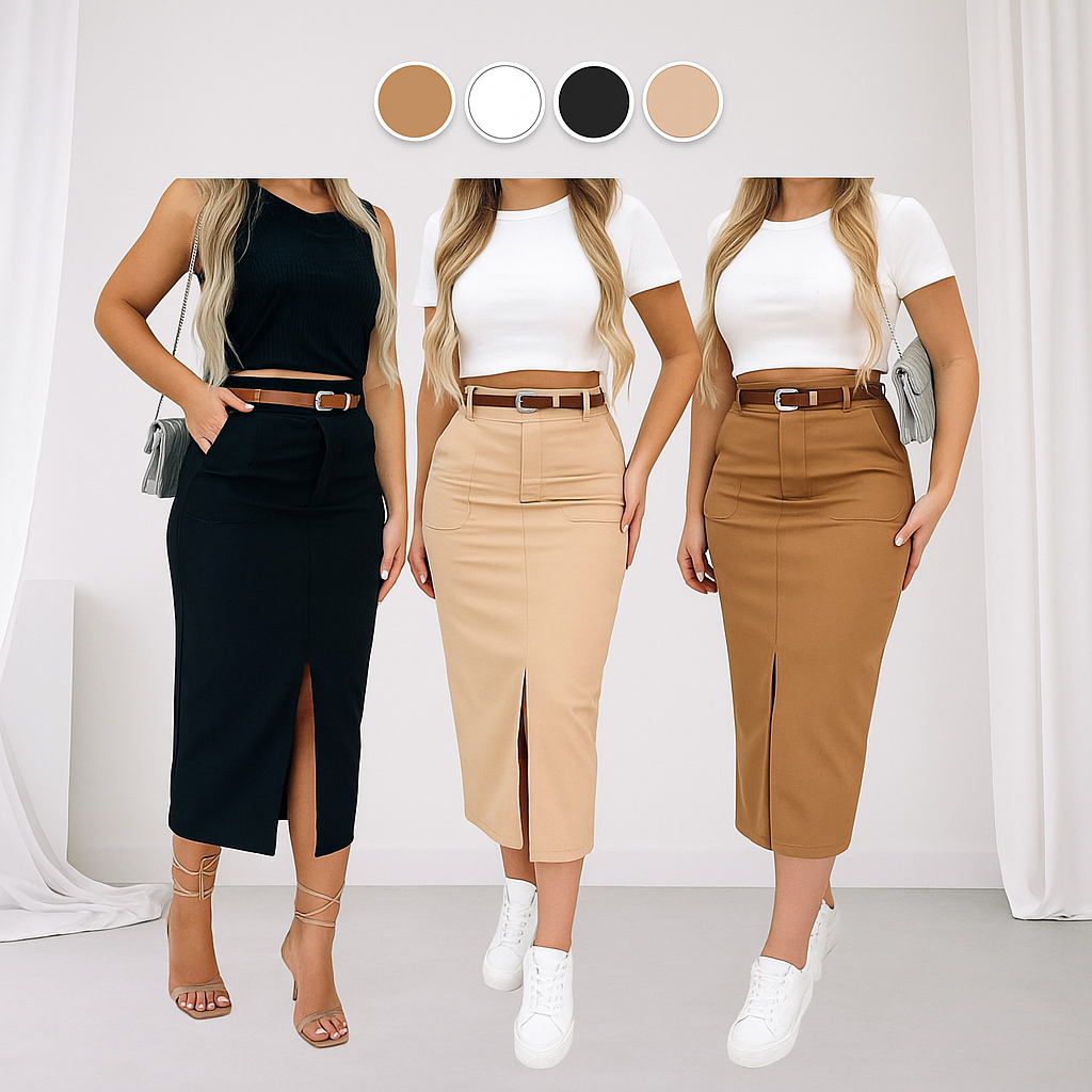 Saia Longa Midi Alfaiataria  com Bolso Frontal Acompanha Cinto de Couro - Elegante e Versátil! em Oferta na Shopee