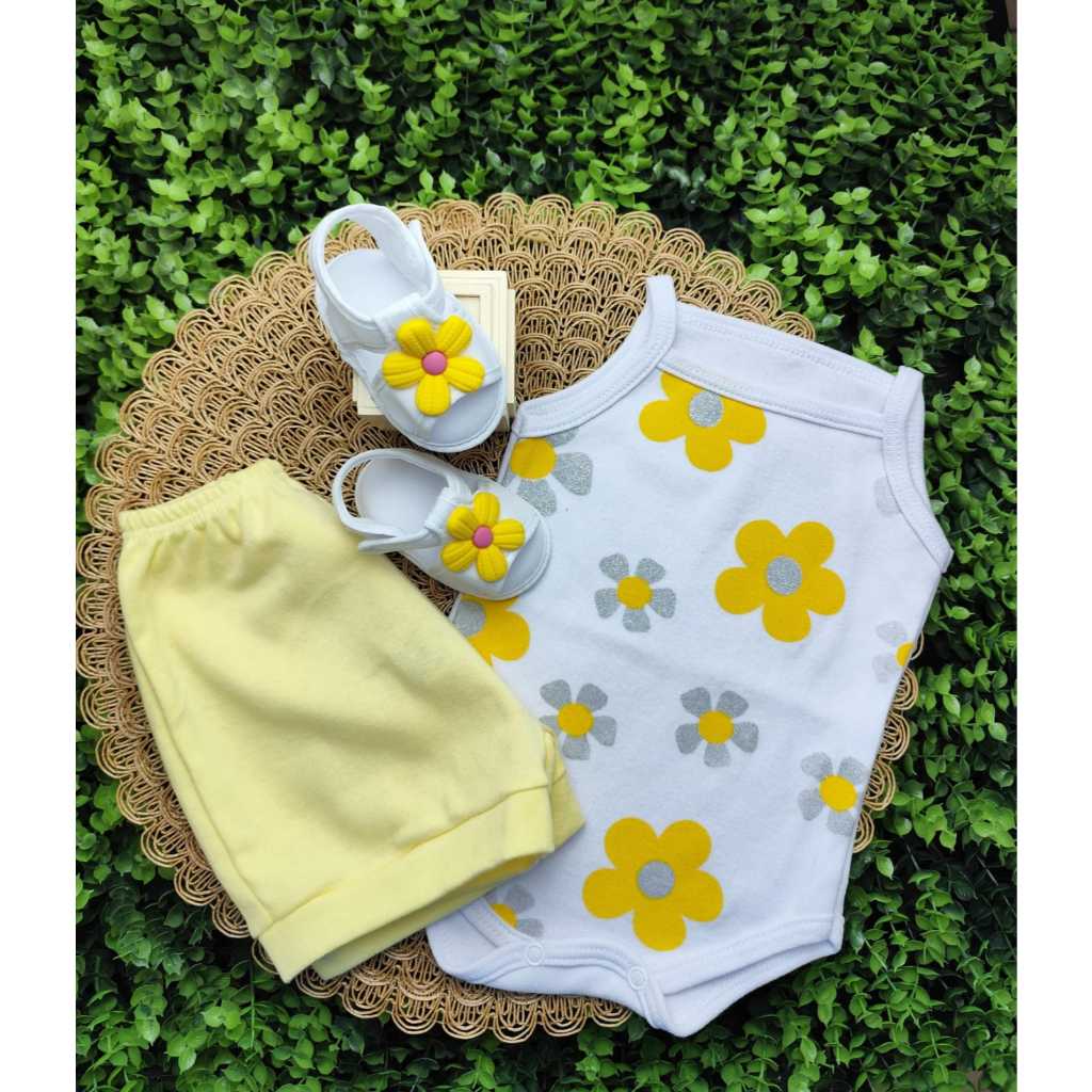 Conjunto Sandália Com Body Flor E Short Bebe Menina Mesversário Estampado Verão 100% Suedine em Oferta na Shopee
