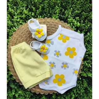 Conjunto Sandália Com Body Flor E Short Bebe Menina Mesversário Estampado Verão 100% Suedine em Oferta na Shopee