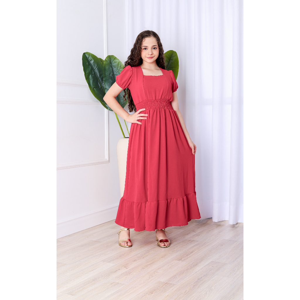 Vestido Infantil e Juvenil para Meninas Adolescentes Moças Duna Vestido Longo com Manga Curta Moda Evangélica Moças VINF