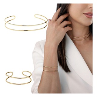 1 conjunto Fashionable Gargantilha e Bracelete Aro Duplo Dois Fios Banhado Ouro 18k em Oferta na Shopee