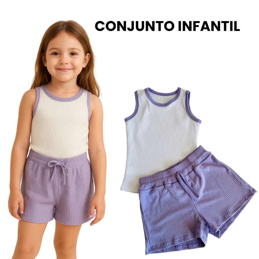 Conjunto Feminino Infantil Regata e Shorts em Malha Canelada - ENVIO DE CORES SORTIDAS