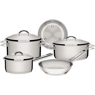 Jogo de Panelas Tramontina Solar em Aço Inox com Fundo Triplo e Tampas de Inox 5 Peças em Oferta na Shopee