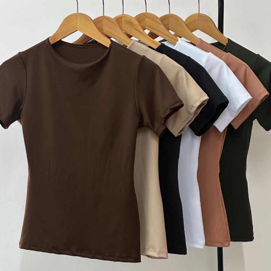 Blusa Baby Tee Suplex Slim Básica Manga Curta Fitness Casual Confortável Verão 2025 em Oferta na Shopee