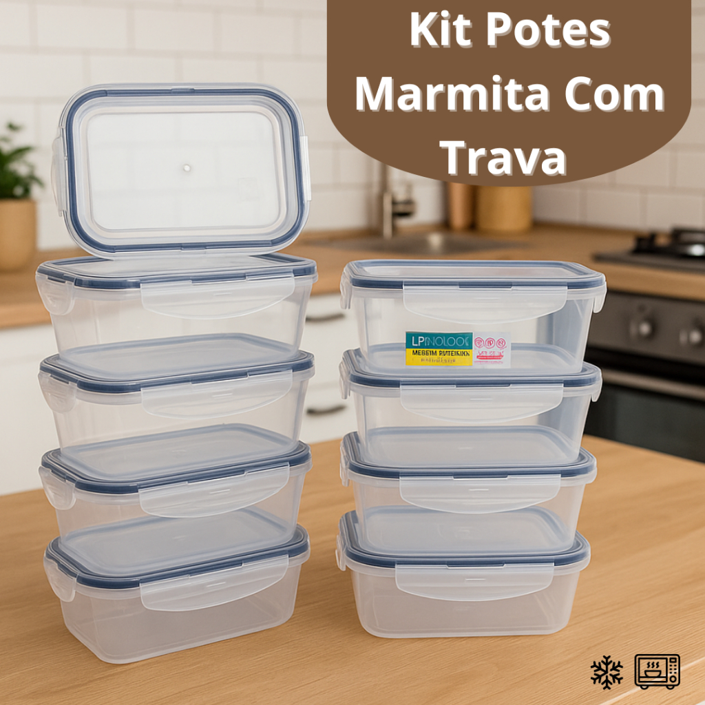 Kit 3,6 e 9 Potes Marmita Fitness Hermético de Plástico com trava Vedado Microondas Freezer