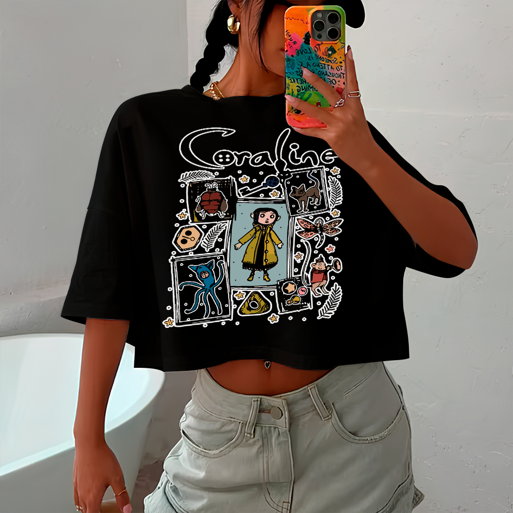 Blusa Cropped Oversized Estiloso Desenho Cartoon Coraline Frames Quadrinhos Personagens O Mundo Secreto