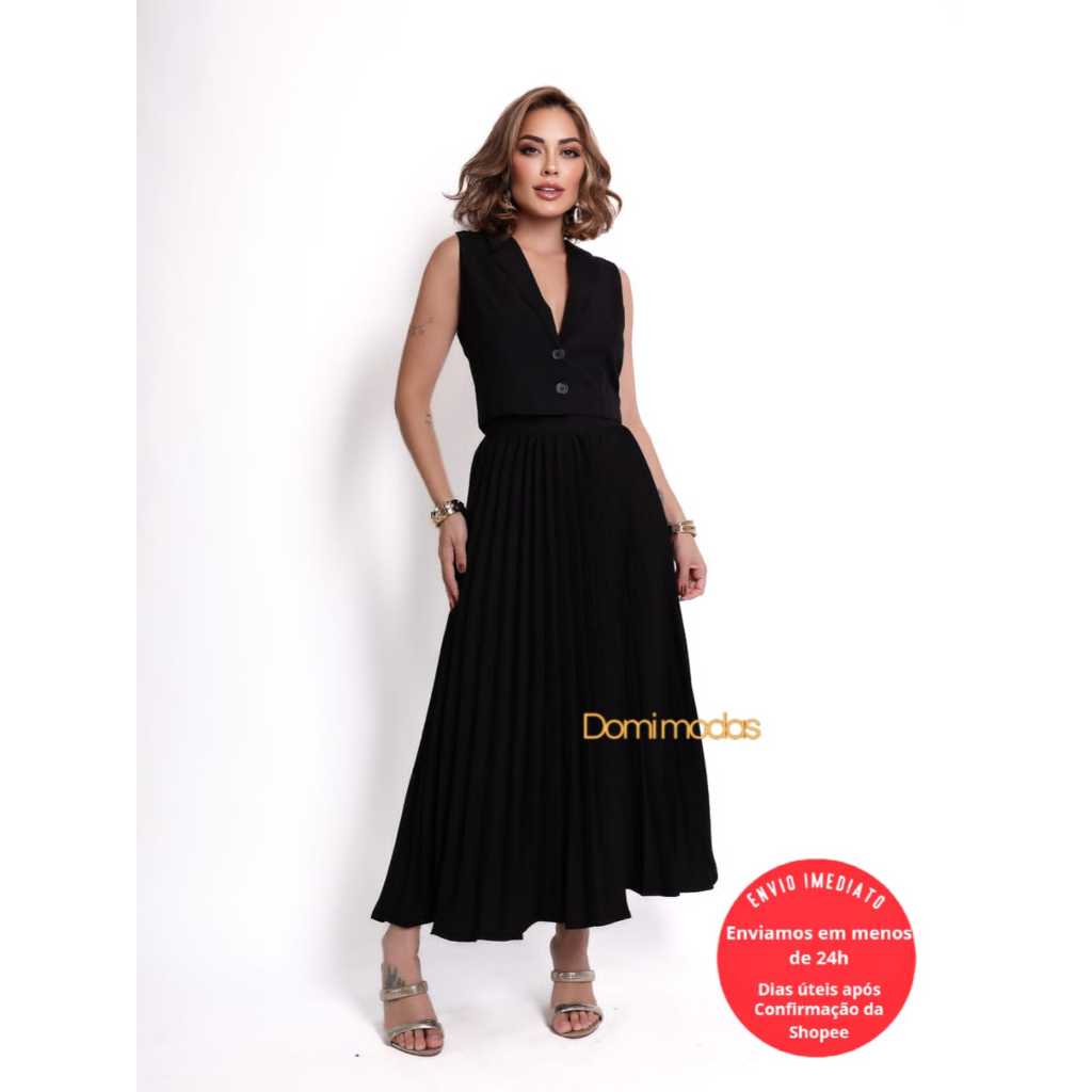 Domi Modas Conjunto Feminino Saia Plissada Camponesa e Colete Tecido Amarante 86600 em Oferta na Shopee