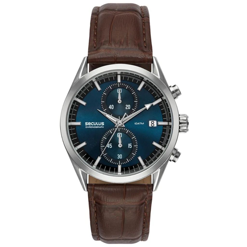Relogio Seculus Masculino Cronógrafo Vidro Abaulado Couro Prata Aço mostrador azul ponteiro luminoso