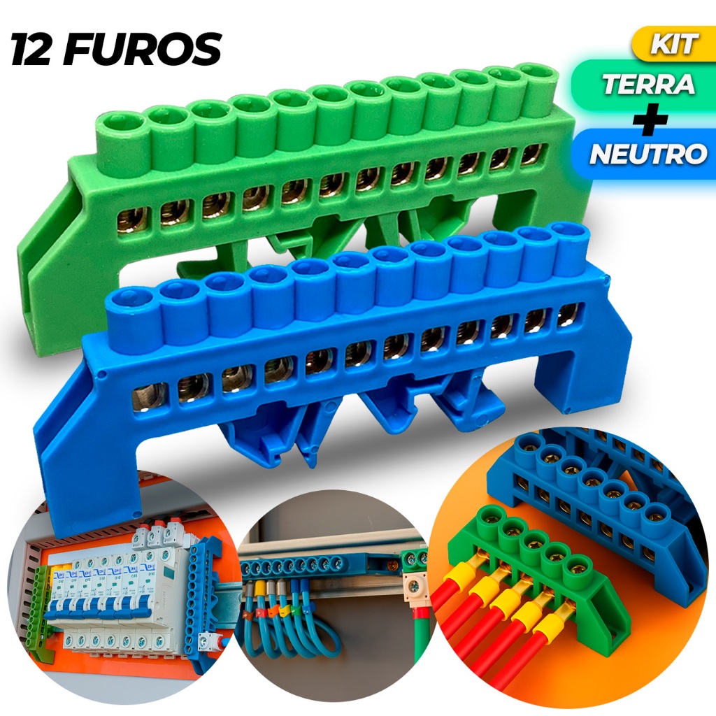 Kit Barramento 1 Neutro 1 Terra 12 Furos Fixação Trilho Din 12 Polos 12 Vias Conector Elétrico Cabo