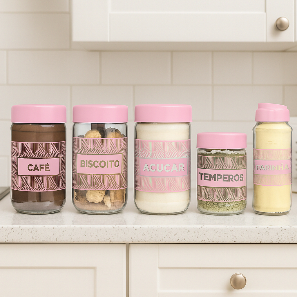 jogo de 5 Potes de Vidro – Café, Açúcar, Biscoito, Farinha e Tempero – Organização Total
