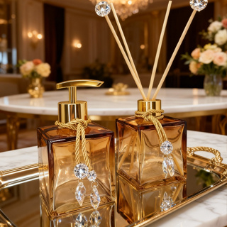 Kit Lavabo Vidro Completo Elegante Bambu Luxo Promoção Ambar Branco Bandeja Presente Chique Elegante em Oferta na Shopee