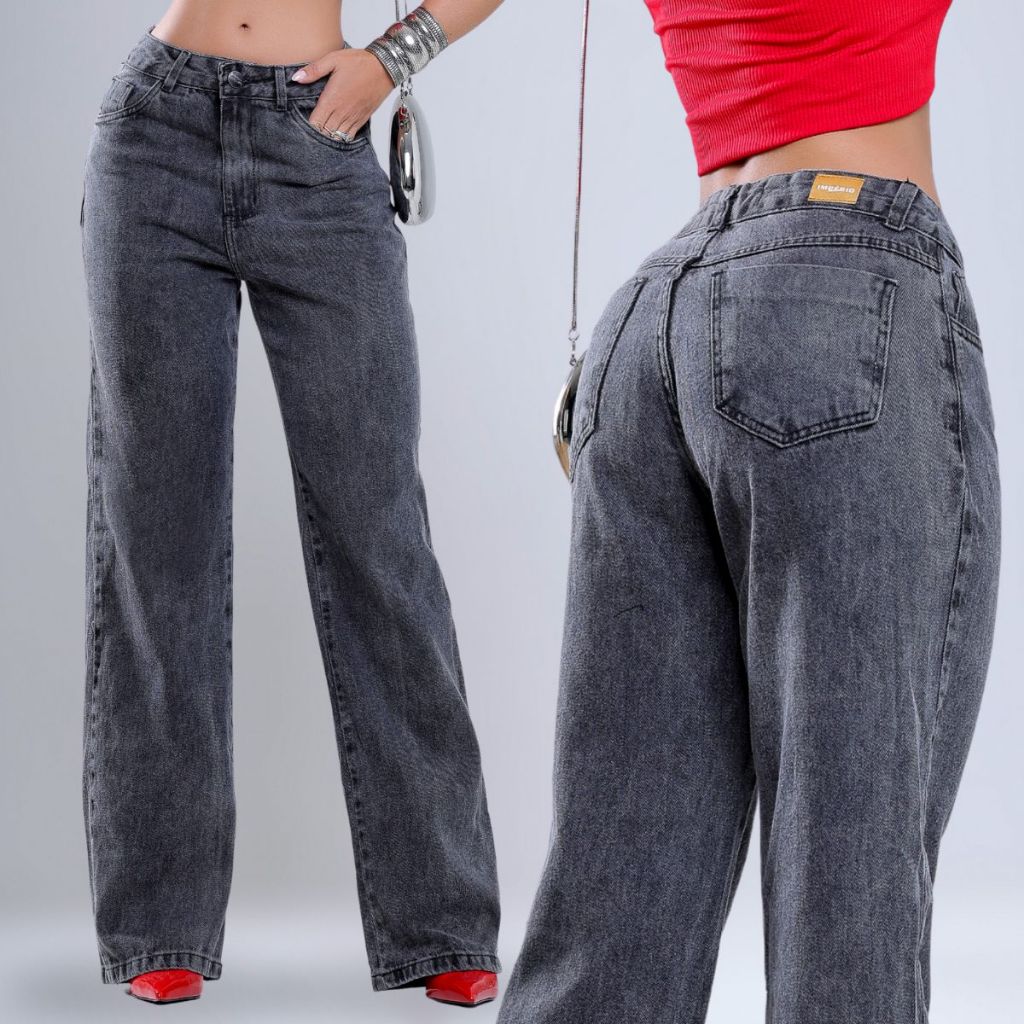 Calça Wide Leg Jeans Feminina Marmorizada Cintura Alta 100% Algodão Linha Premium Tecido Grosso Levanta Bumbum