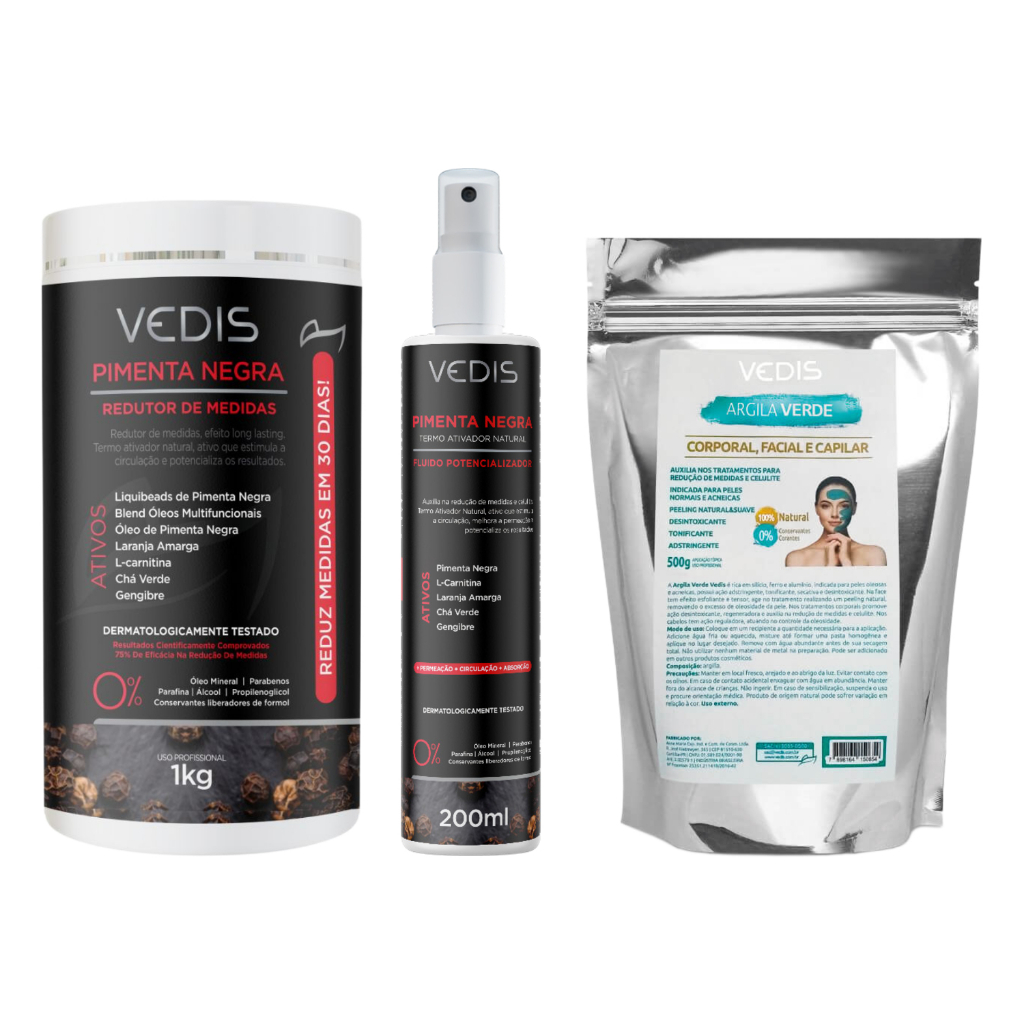 Kit Fluido Pimenta Negra + Creme Redutor Pimenta Negra + Argila Verde Vedis