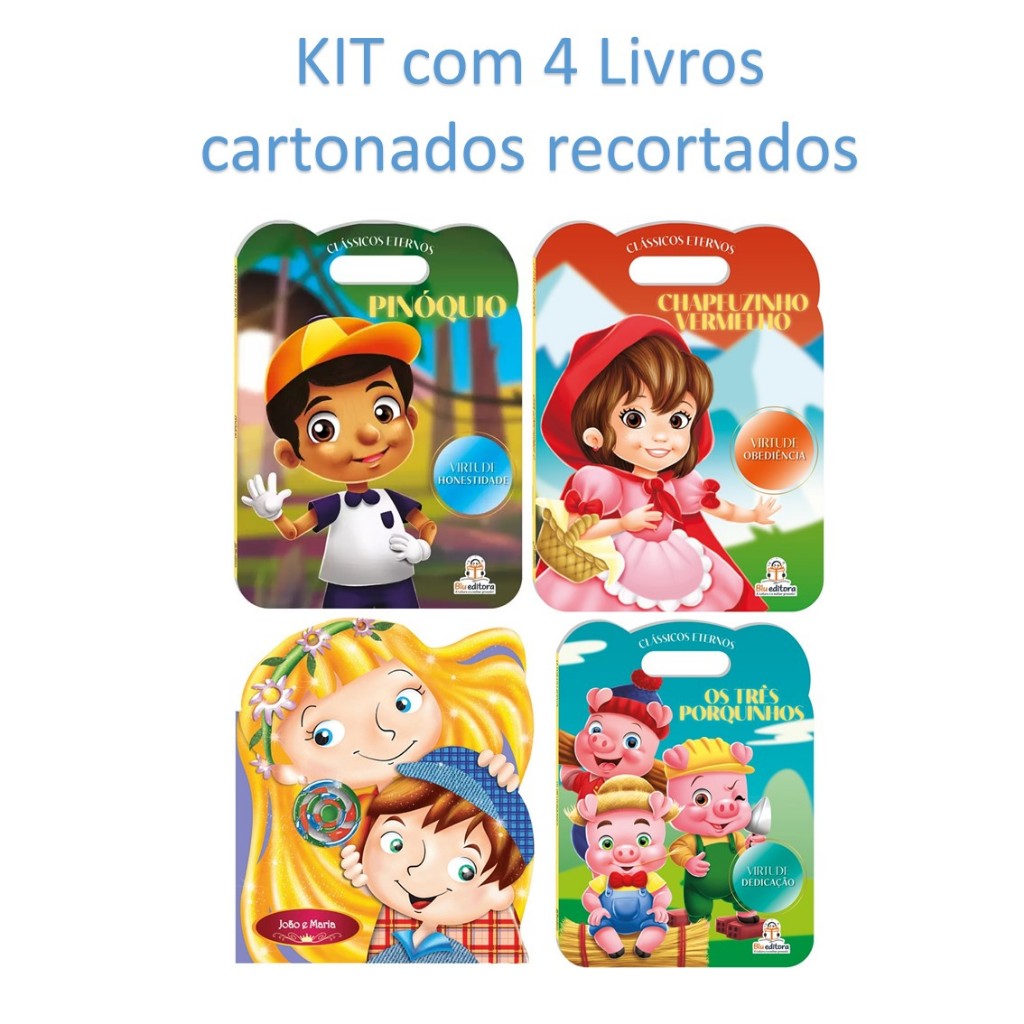KIT com 4 Livros Cartonados - Pinóquio, Chapeuzinho Vermelho, João e Maria, Três Porquinhos