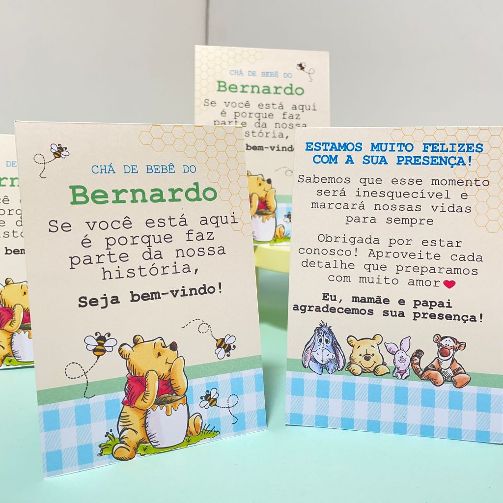 Centro de mesa agradecimento personalizado chá de bebe mesversario ursinho pooh aquarela baby cha de bebê cute