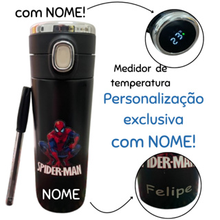 Garrafa Térmica Personalizada com NOME HOMEMARANHA  trava de segurança medidor térmico LED Inox infantil adulto Escolar em Oferta na Shopee