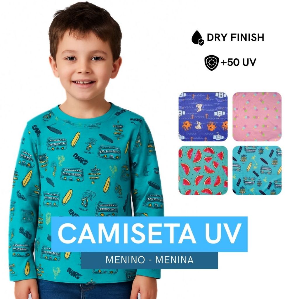 Camisa UV Infantil/Juvenil Estampada - Camisa Térmica - Blusa Proteção solar - Menino e Menina