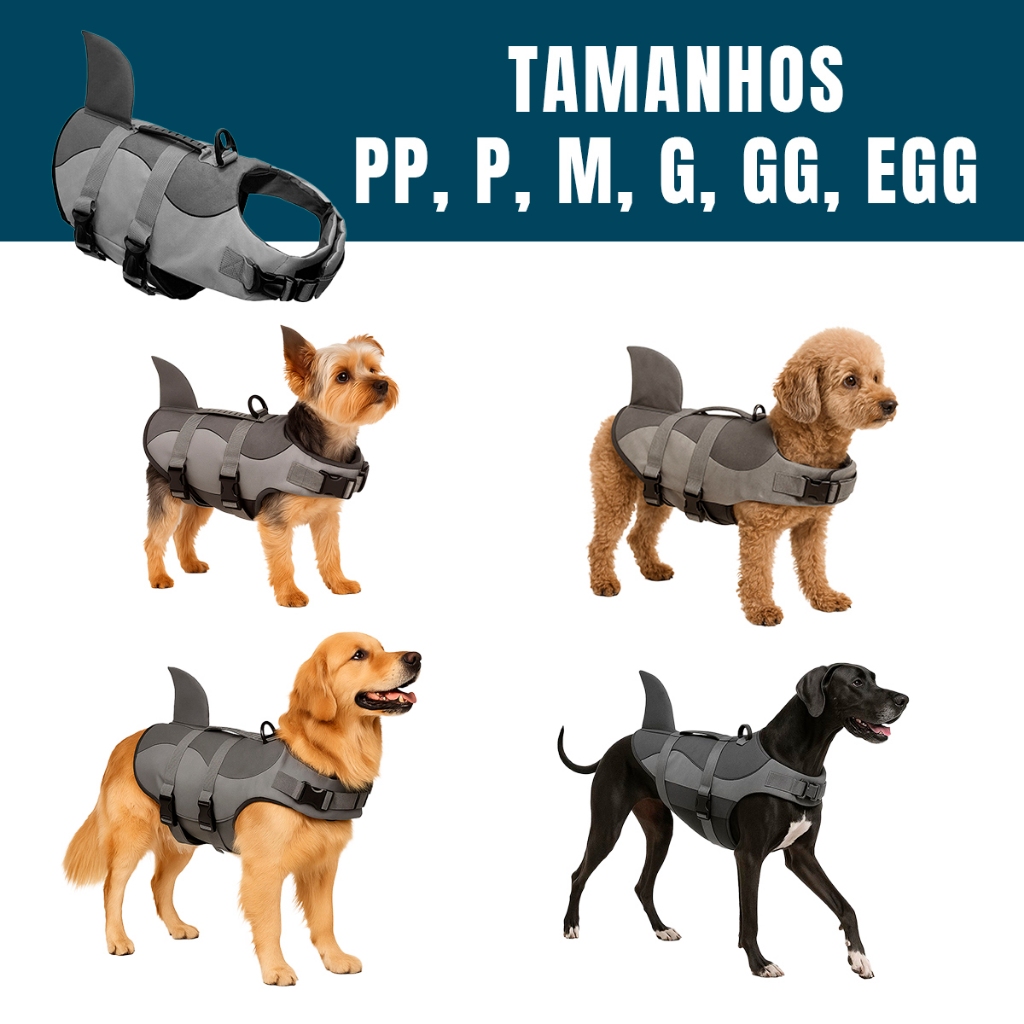 Colete Salva Vidas Pet Tubarão Flutuante Cão Cachorro Praia Piscina Água Mar Pequeno Médio Grande GG