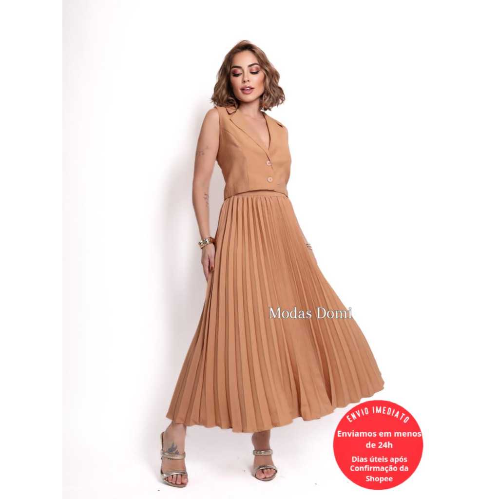 Modas Domi Conjunto Feminino Saia Plissada Camponesa e Colete Tecido Amarante 86600