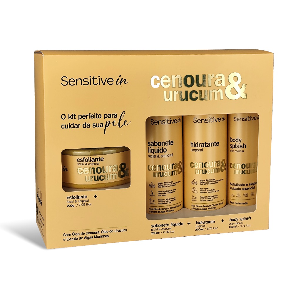 Kit Spa Corporal Cenoura e Urucum Plattelli - Hidratante, Body Splash, Esfoliante Facial e Corporal e Sabonete Líquido