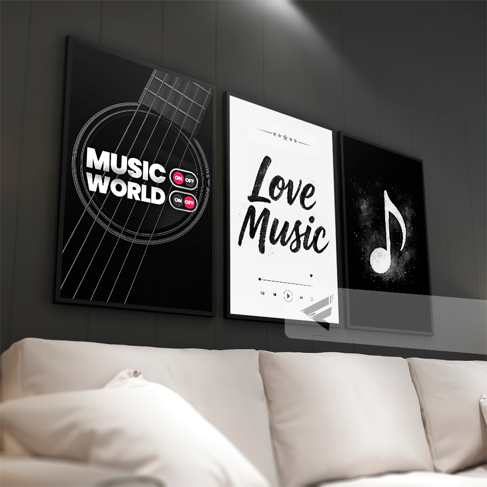 Kit 03 Quadros Decorativos Violão, Música, *LOVE MUSIC* Instrumento Musical para quarto, sala all
