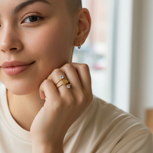 Anel Aço Inoxidável Dourado com Coração e Zircônias