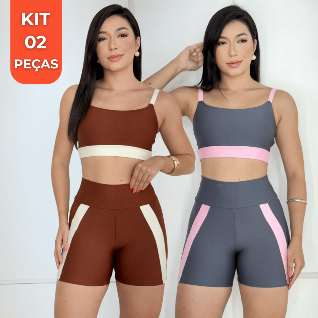 Kit 2 Conjunto Fitness Short + Top Bicolor Academia Fit Roupa Treino Crossfit Corrida