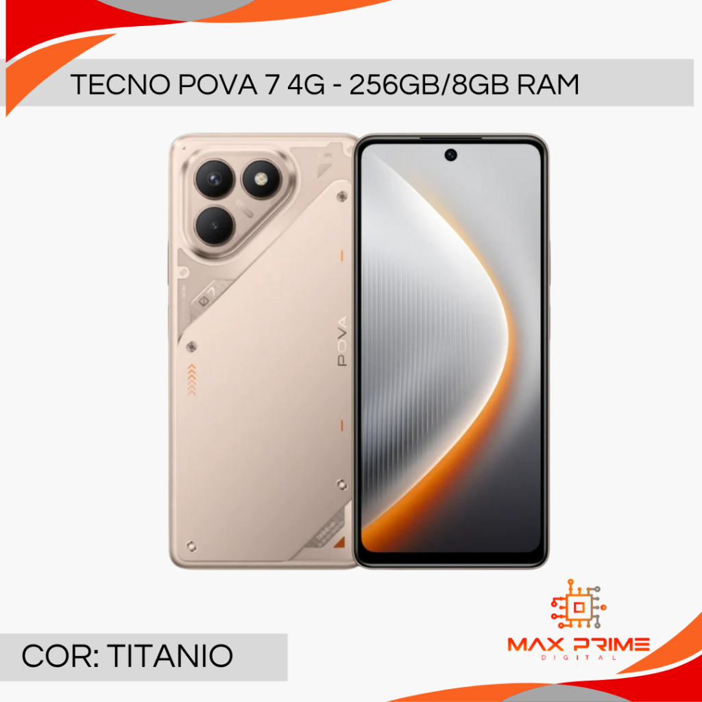 Tecno POVA 7 4G, Versão Global, 7000mAh + 45W, 256GB/8GB, Helio G100, Câmera 108MP, Tela 120Hz, NFC, IP64 - detalhe
