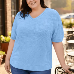 Blusa Plus Size Feminino Canelado Manga Curta Gola V Básica Elegante Casual Tricot